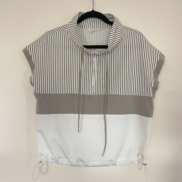no name Tops - Women NWT Cotton Blend White Tan Top Adjustable Zip Sz L